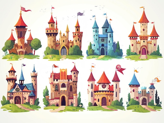 Array de castillos medievales en colorido vector de dibujos animados