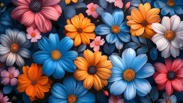 Array de flores de primavera coloridas em fundo azul profundo