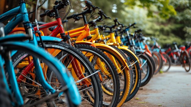 Arrays vibrantes de bicicletas mantenidas al aire libre por separado con espacio y espacio vacío para texto IA generativa