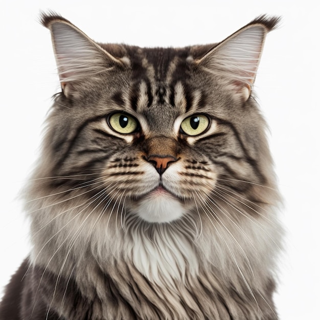 Arrebatador adorável retrato de gato maine coon em fundo branco isolado