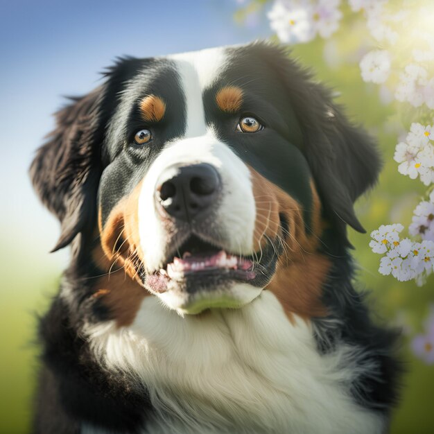 Arrebatador retrato realista de bernese mountain dog feliz ao ar livre natural