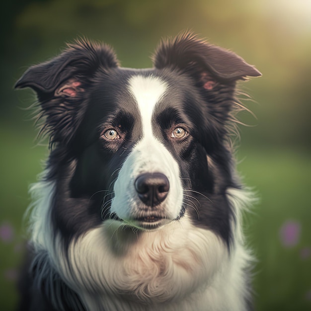 Arrebatadora border collie com arrebatadora flor natural ao fundo