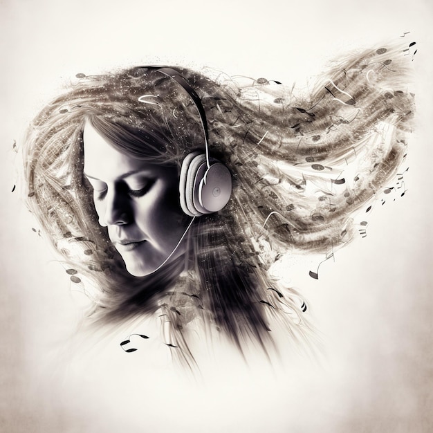Arrebatadora garota amante da música usando fone de ouvido com cabelo encaracolado em dupla exposição