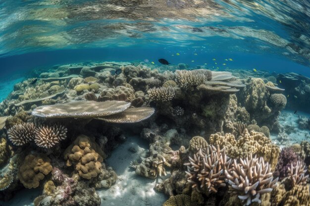 Foto arrecife de coral bajo el agua con cardúmenes de peces nadando en la claridad creada con ia generativa