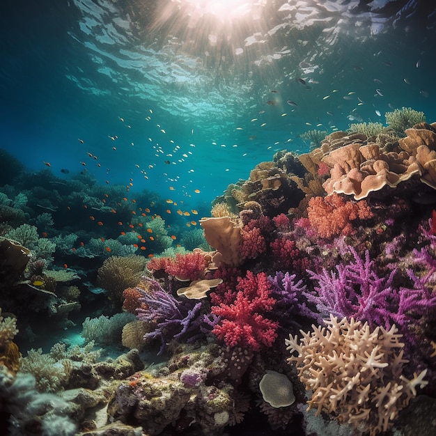 Arrecife de coral bajo el agua disparando hermosos corales coloridos peces agua clara bonito fondo marino