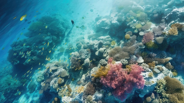 un arrecife de coral con un buzo y un buzo en el agua.