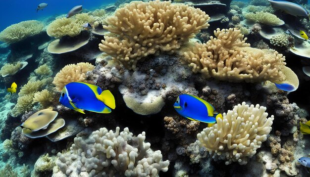 un arrecife de coral con dos peces azules y un pez amarillo y azul