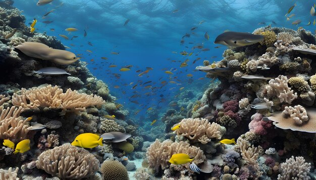 un arrecife de coral con una escuela de peces y corales