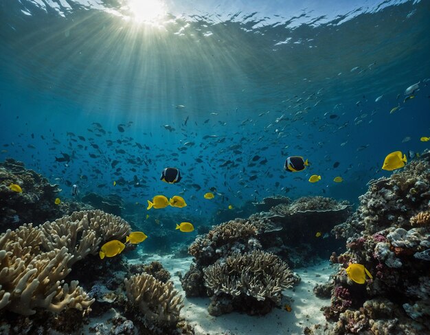 Foto un arrecife de coral con una escuela de peces y rayos de sol