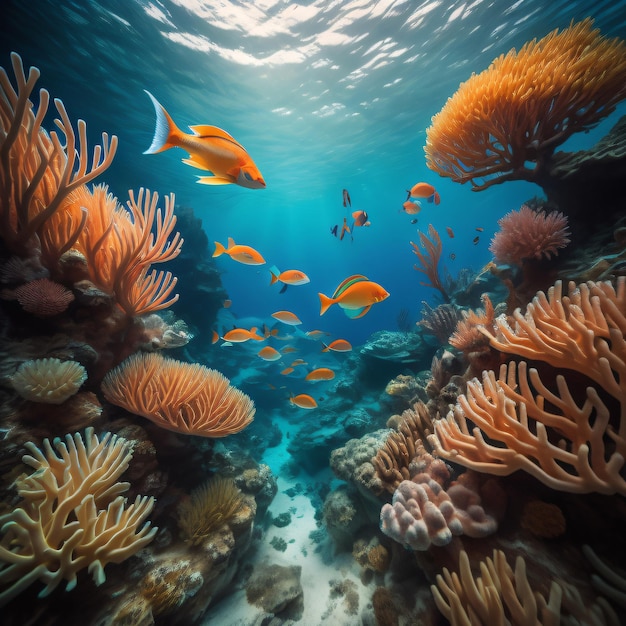 Un arrecife de coral con un grupo de peces nadando a su alrededor.