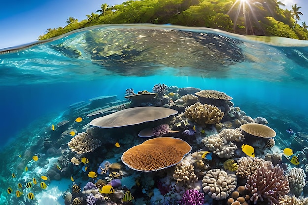 Foto un arrecife de coral iluminado por el sol con aguas azules y una diversidad de vida marina