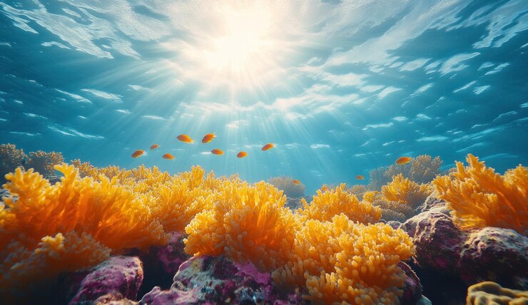 El arrecife de coral iluminado por el sol