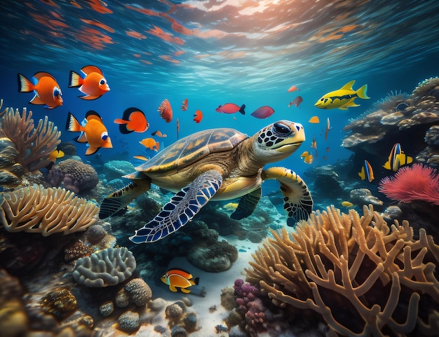 Un arrecife de coral lleno de coloridos peces, tortugas marinas y otra vida marina