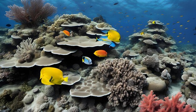 Foto un arrecife de coral con muchos peces pequeños y algunos otros peces