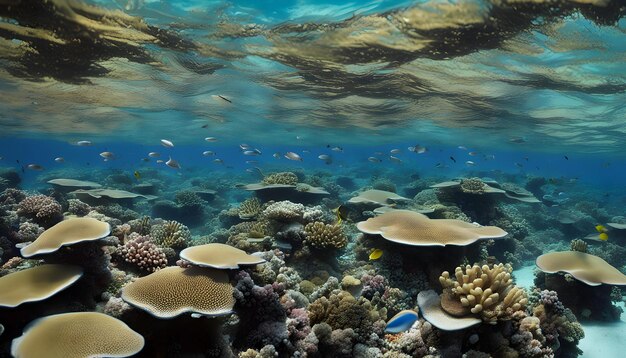 un arrecife de coral con muchos peces pequeños y corales