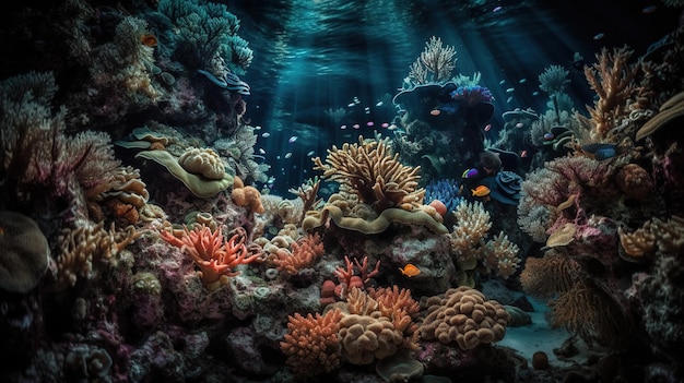 Un arrecife de coral con una pecera al fondo