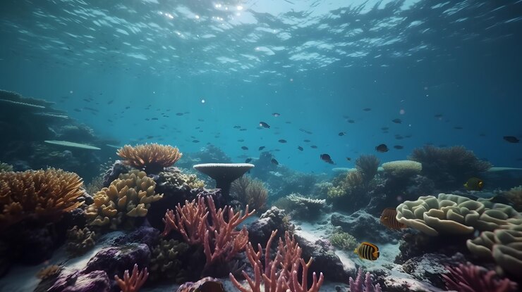 Un arrecife de coral con peces nadando en el agua.