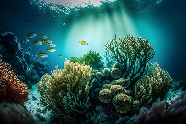 Un arrecife de coral con peces nadando en el océano