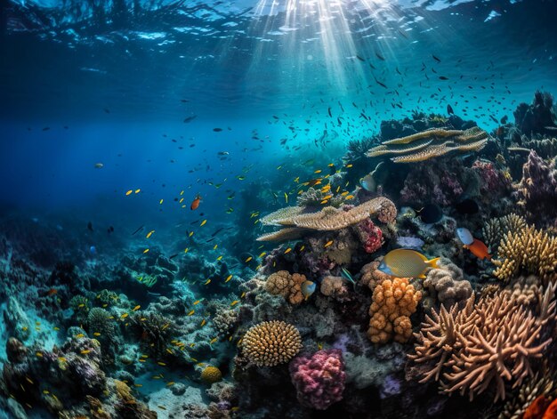 Un arrecife de coral con peces nadando en el océano