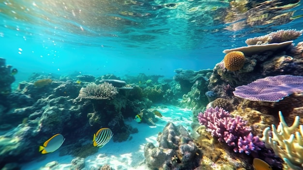 Un arrecife de coral con peces y un pez nadando en el océano.