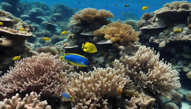 un arrecife de coral con un pez amarillo y algunos otros peces