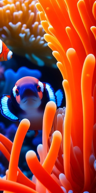 Un arrecife de coral con un pez azul y naranja con cara negra y cara blanca.