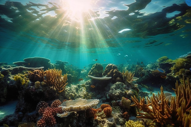 Un arrecife de coral con un pez nadando en el agua