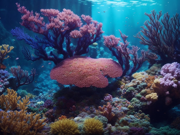 Un arrecife de coral con un pez nadando en el agua