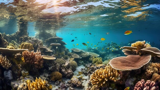 Un arrecife de coral con un pez nadando en el agua.