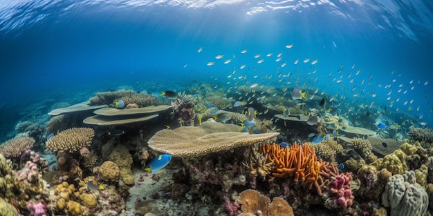 Un arrecife de coral con un pez nadando en el agua.