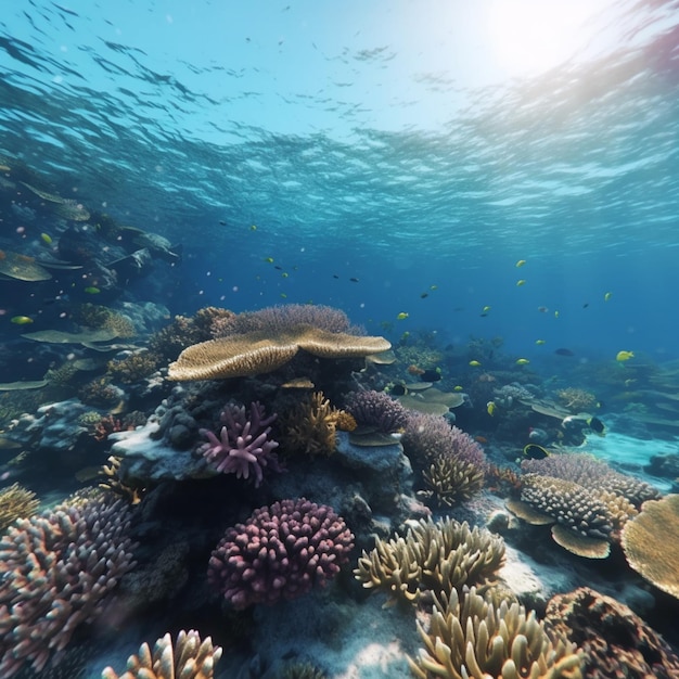 Un arrecife de coral con un pez nadando en el agua.