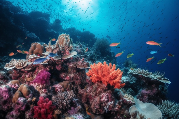 Un arrecife de coral con un pez nadando al fondo