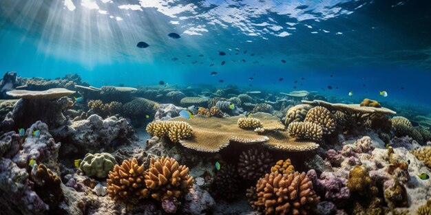 Un arrecife de coral con un pez nadando al fondo.