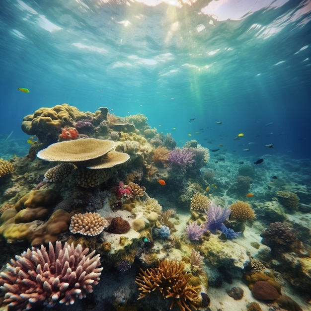 Un arrecife de coral con un pez nadando al fondo.