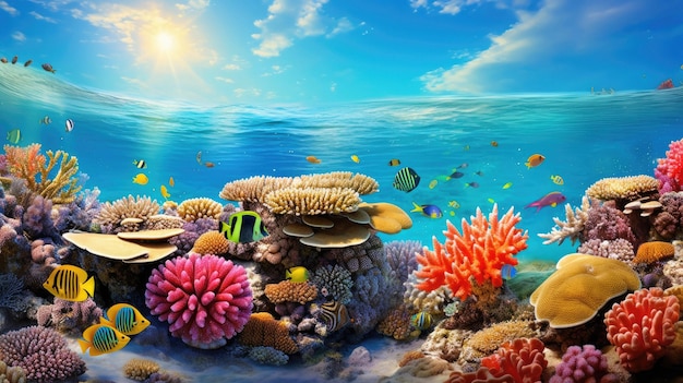 un arrecife de coral con un pez tropical en la parte superior.