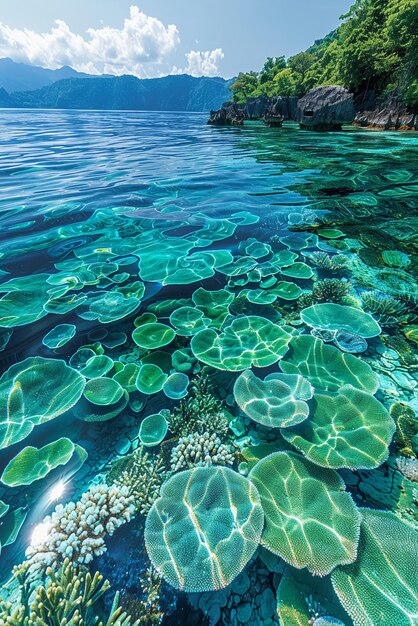 Foto arrecife de coral poco profundo con agua clara por encima