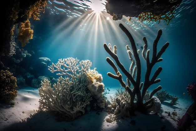 Un arrecife de coral con el sol brillando a través del agua.