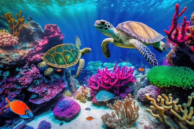 Arrecife de coral con tortugas marinas salvajes y peces océano tropical vida submarina IA generativa