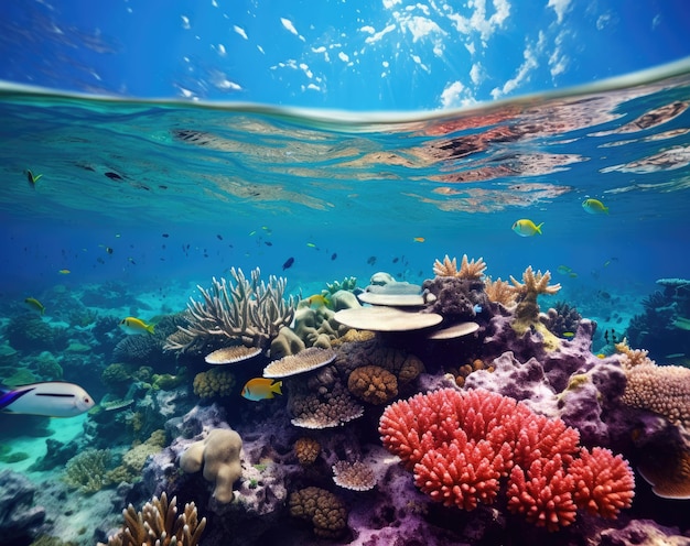 Arrecifes oceánicos submarinos bajo un cielo azul claro