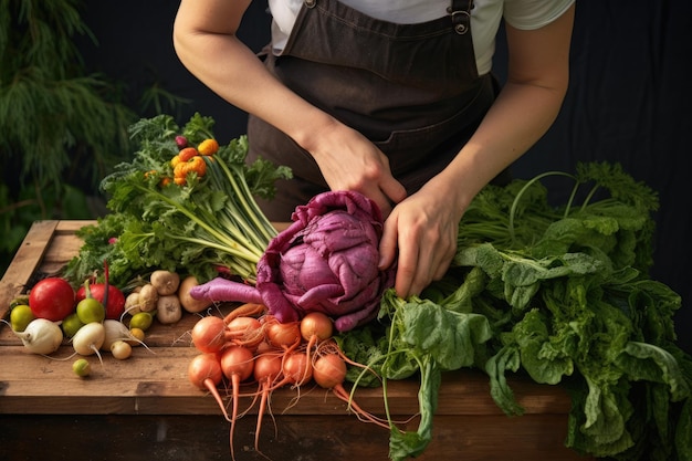 Arreglando las verduras recién recogidas