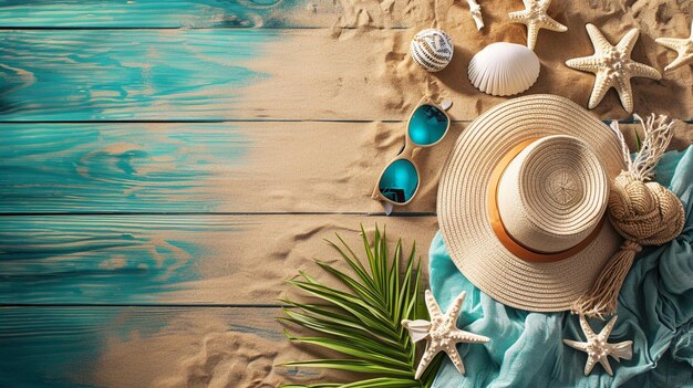 Un arreglo de accesorios de playa en una cama plana que incluye un sombrero de sol, gafas de sol y un remolque de playa