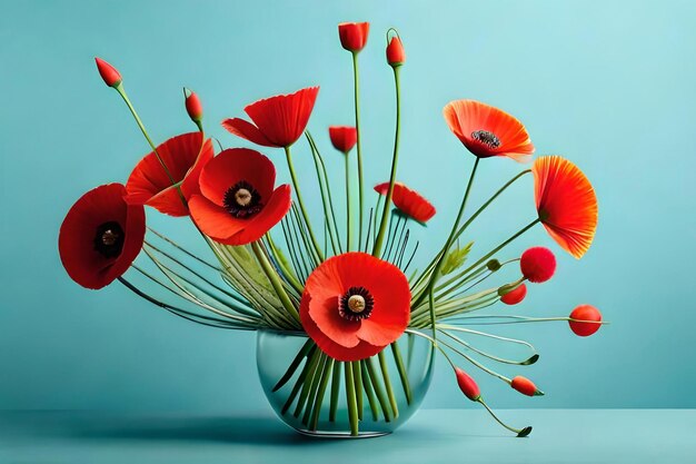 Arreglo de amapolas en un jarrón sobre un fondo azul claro