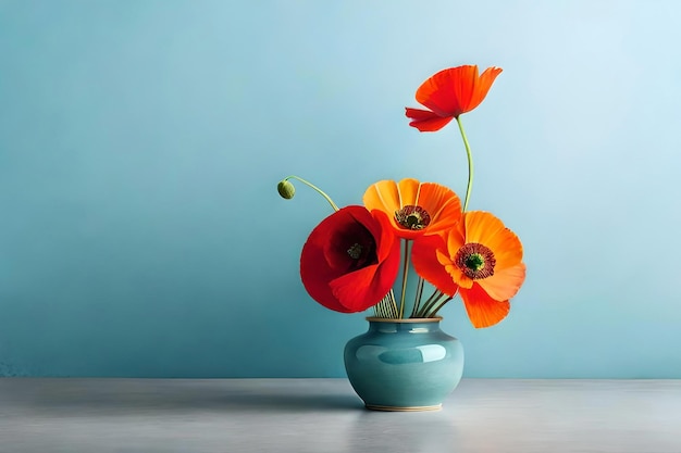 Arreglo de amapolas en un jarrón sobre un fondo azul claro