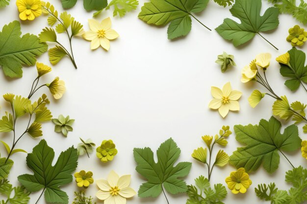 Arreglo botánico elegante con flores amarillas y vegetación para una decoración natural serena en un blanco