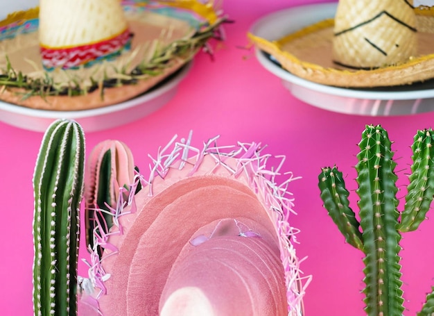 Arreglo de cactus y sombrero rosa para la fiesta