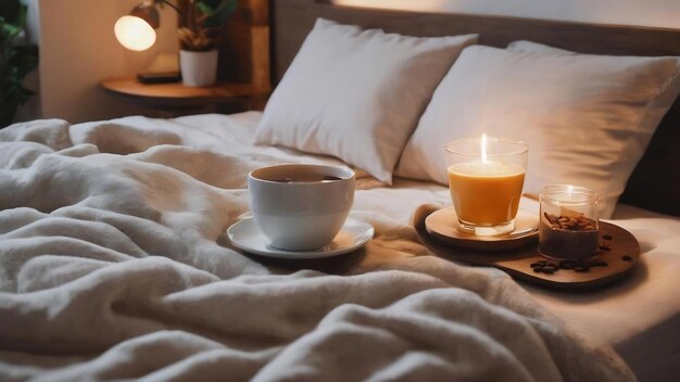 Arreglo de cama acogedora de ángulo alto con taza de café