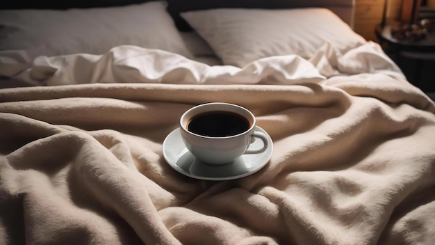 Arreglo de cama acogedora de ángulo alto con taza de café