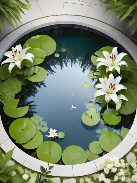 Un arreglo circular de lirios blancos que rodean una piscina reflectante