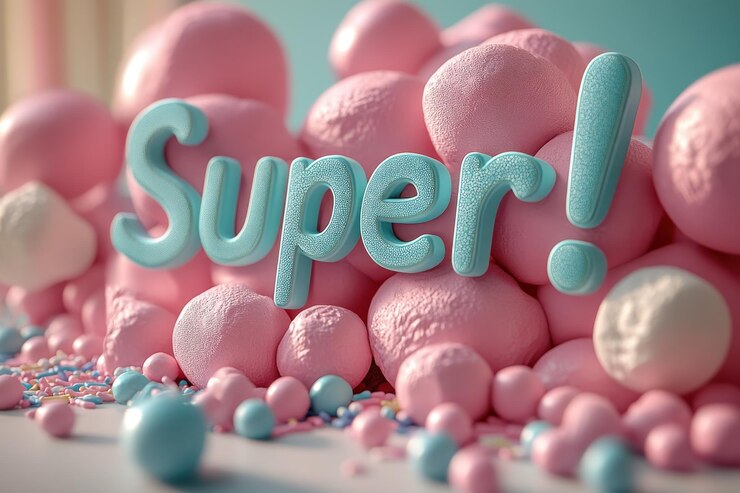 Foto un arreglo colorido de esferas pastel y la palabra "superquot" en un diseño lúdico