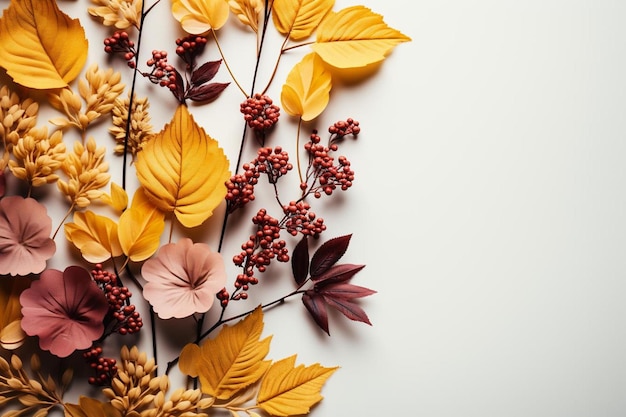 Un arreglo colorido de hojas y bayas de otoño.